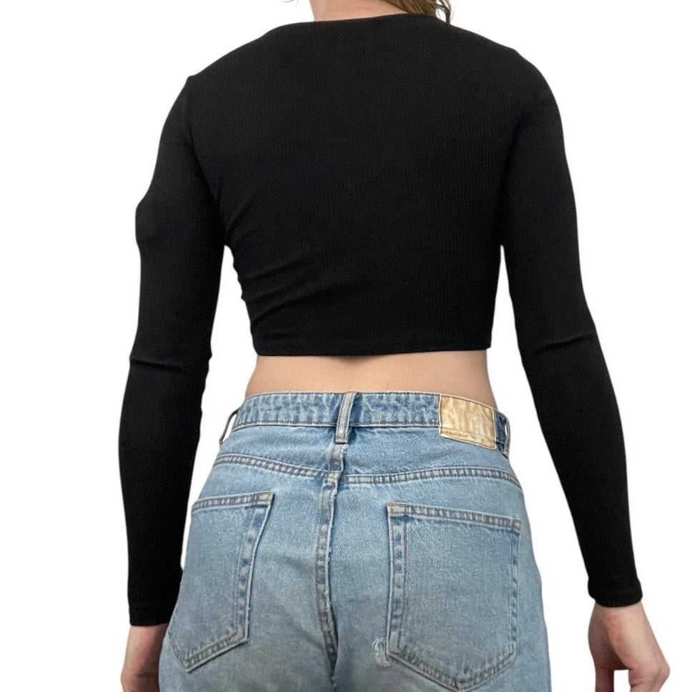 Forever 21 Black Ribbed Long Sleeve Zip Up Cropped Top