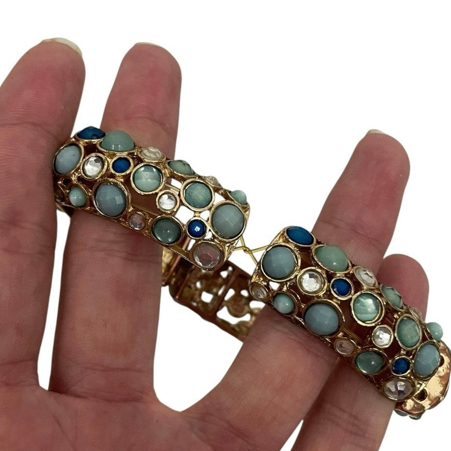 Turquoise Gemstone & Gold Rhinestone Stretch Bracelet