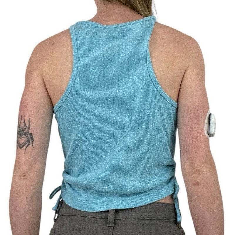 SO Blue Rubbed Cinched Side Cutout Lace Up Tank Top