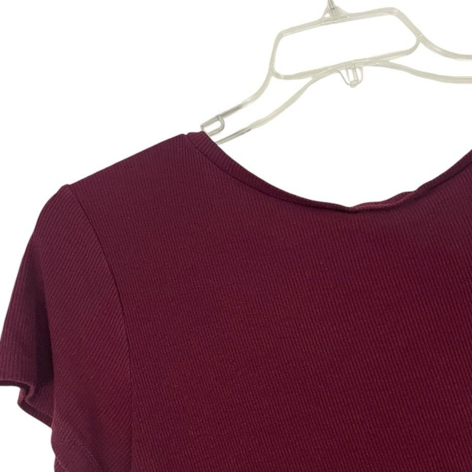 Full Tilt Maroon Cross Cutout Strappy Short Sleeve Ribbed Blouse