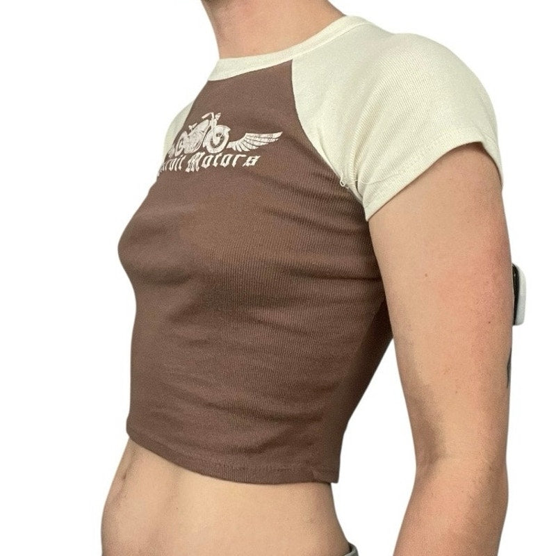 Full Tilt Detroit Motors Brown & Cream Ribbed Cropped Graphic Top