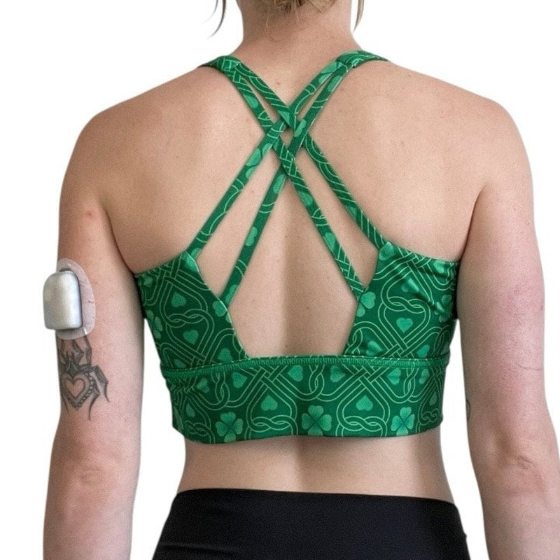 Green Lucky Four Leaf Clover Strappy Racerback Padded Sports Bra