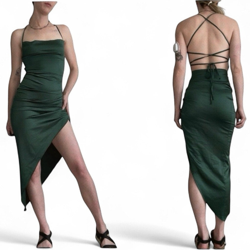 Silky Green Asymmetrical Cinched Halter Neck Open Lace Up Cross Back Dress