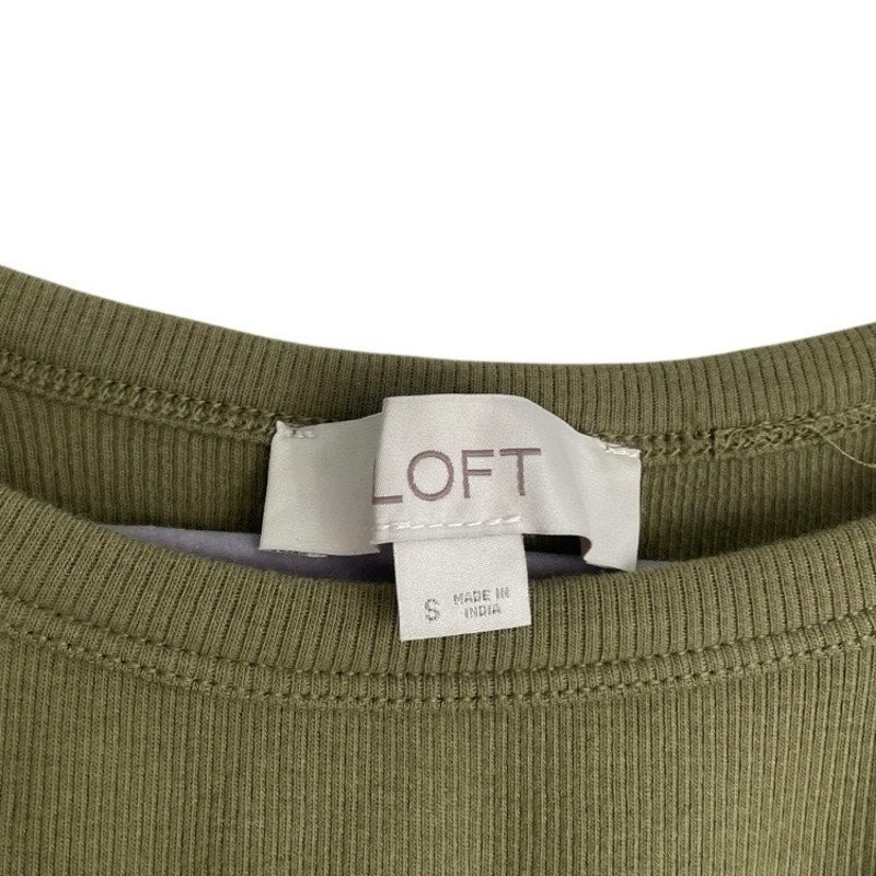 LOFT Olive Green Short Eyelet Puff Sleeve Ribbed Blouse