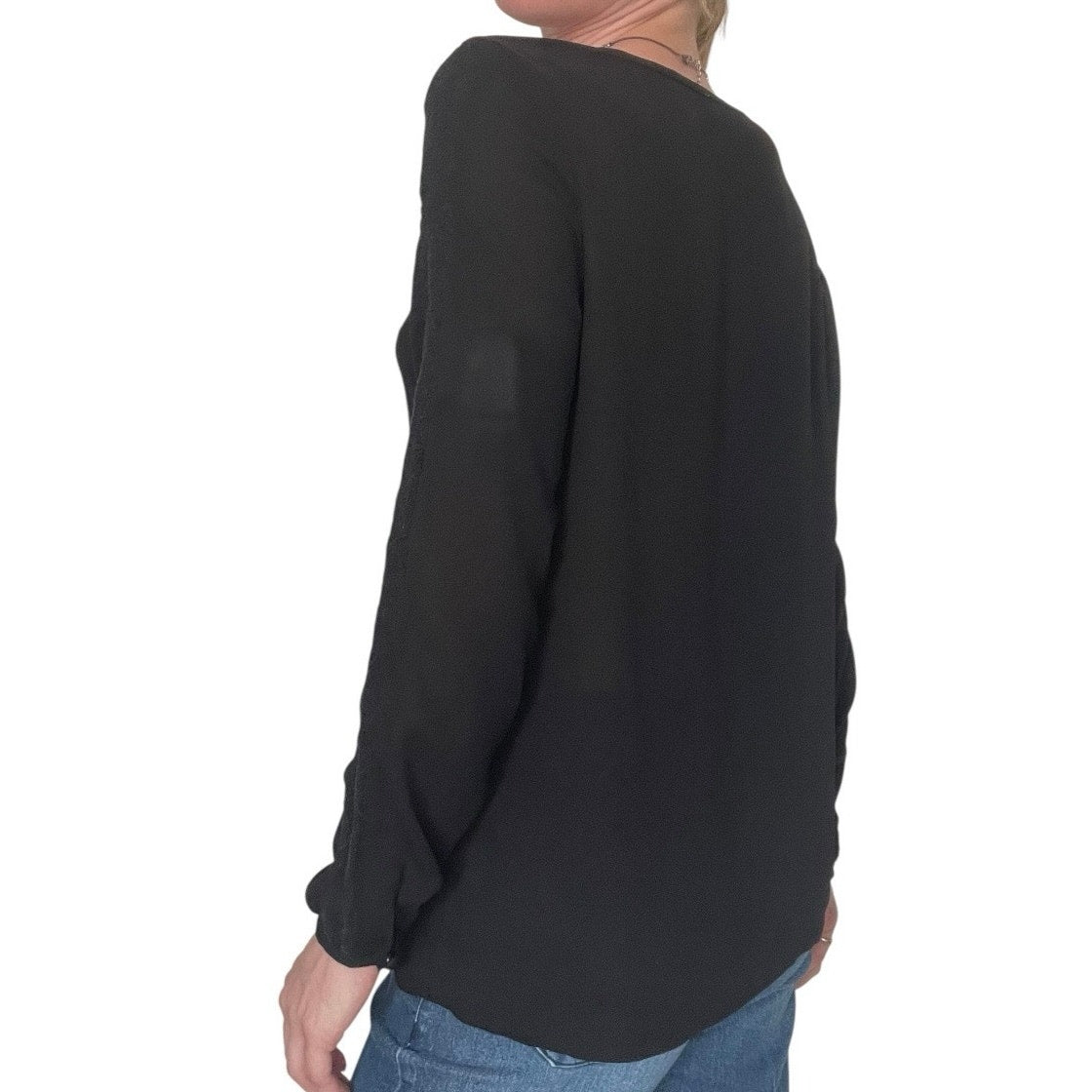 41 Hawthorn Sheer Black Lace Trim Long Sleeve Blouse