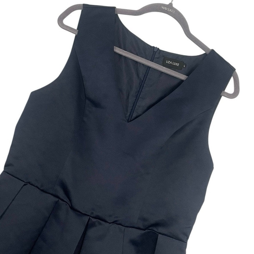 Liza Luxe Silky Navy Blue A-Line V-Neck Mini Dress