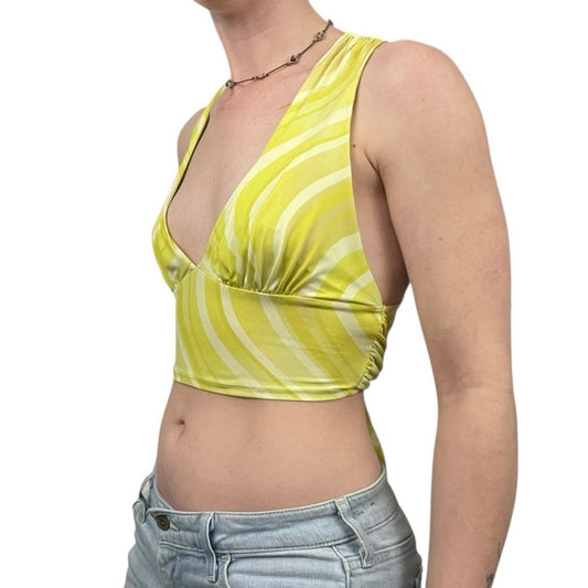 Urban Outfitters Yellow Striped Cross Tie Back Cropped Plunge Neck Top
