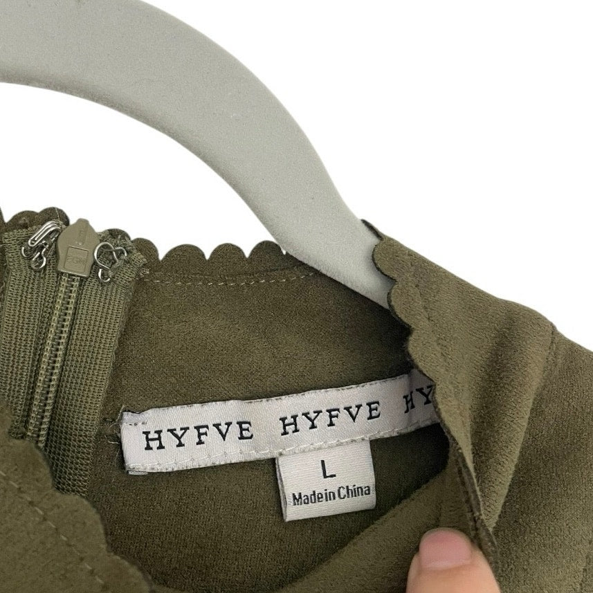 HYFVE Olive Green Faux Suede Scalloped Trim Mini Dress