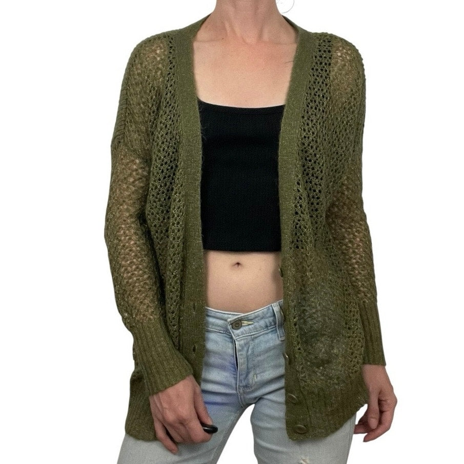 Kensie Olive Green & Gold Metallic Knit Button Down Cardigan Sweater