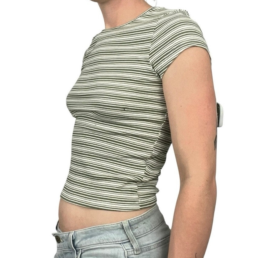 NWT American Eagle Green & White Striped Ribbed Short Sleeve Top