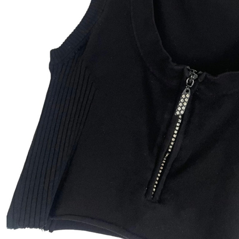 Belldini Black Cropped Rhinestone Quarter Zip Tankk Top