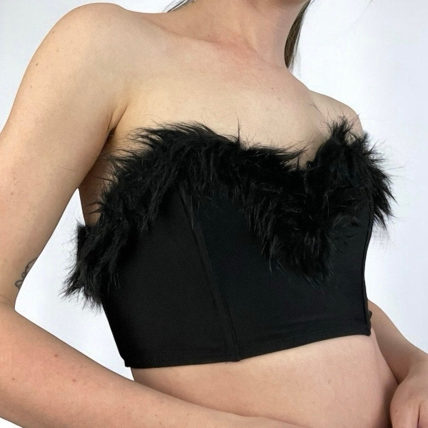 NWT Out From Under Black Faux Fur Strapless Corset Top