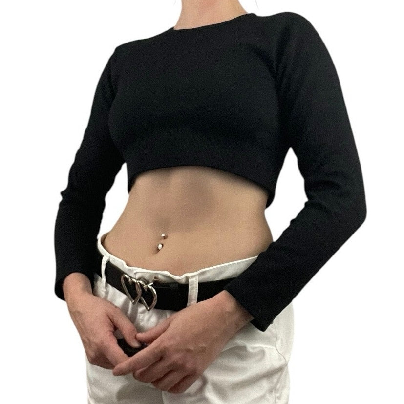 Black Ribbed Cropped Long Sleeve Stretchy Top