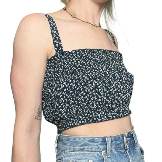 Brandy Melville Navy Blue & White Floral Cropped Ruched Tank Top