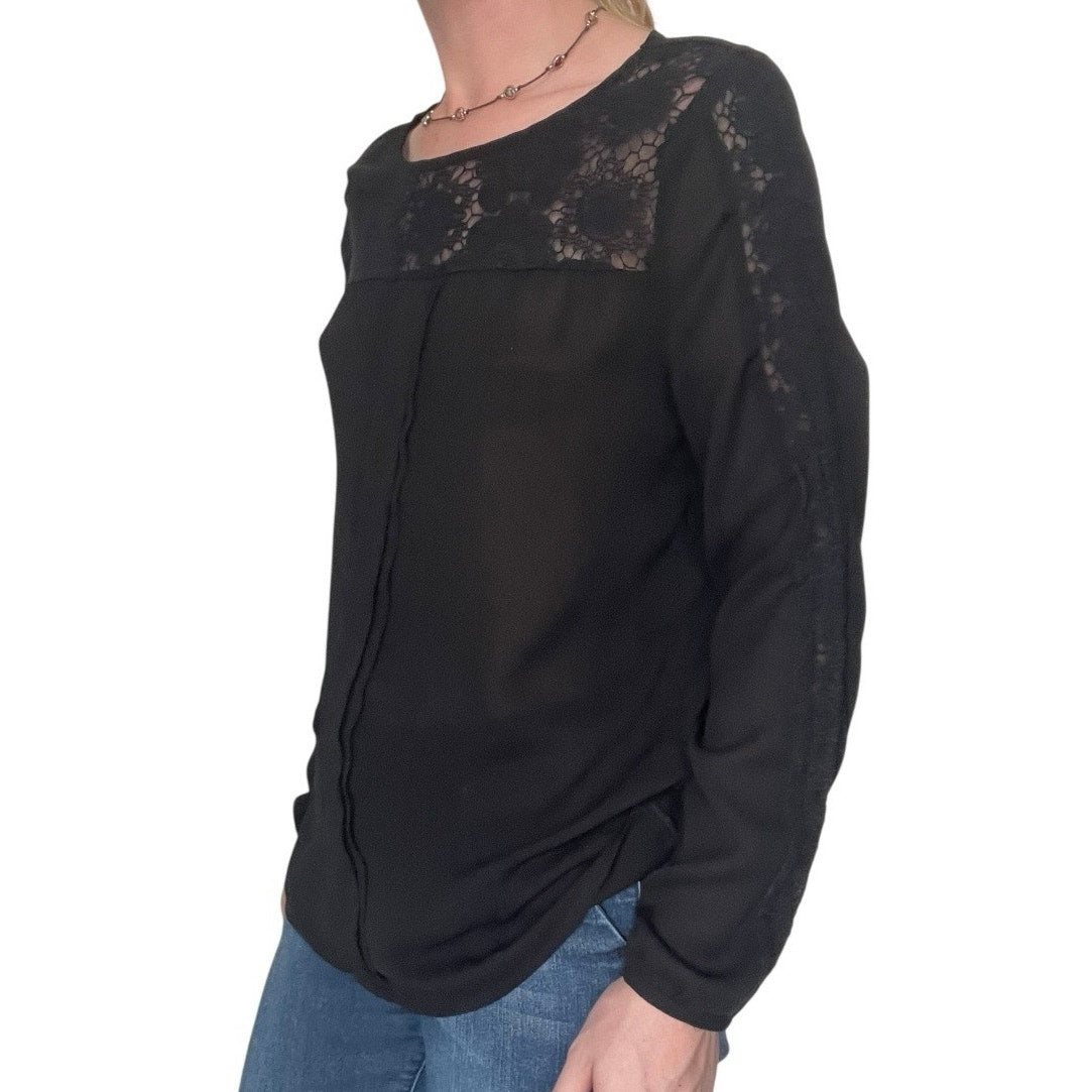 41 Hawthorn Sheer Black Lace Trim Long Sleeve Blouse