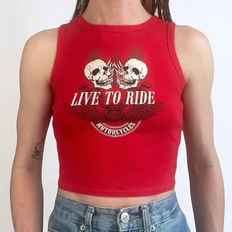 Homegirl Society Red Live to Ride Motorcycles Cropped Graphic Top