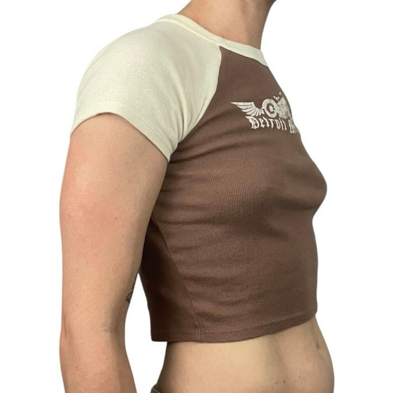 Full Tilt Detroit Motors Brown & Cream Ribbed Cropped Graphic Top