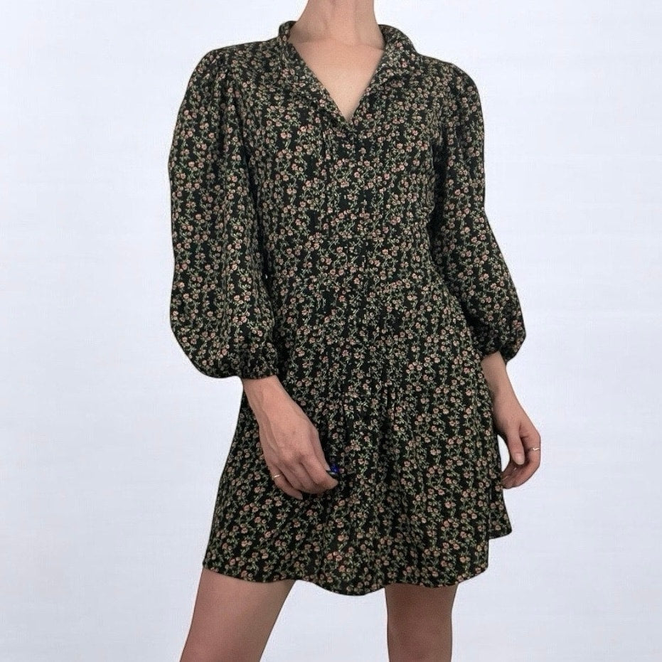 Topshop Black & Pink Floral Print Long Puff Sleeve Button Down Mini Dress