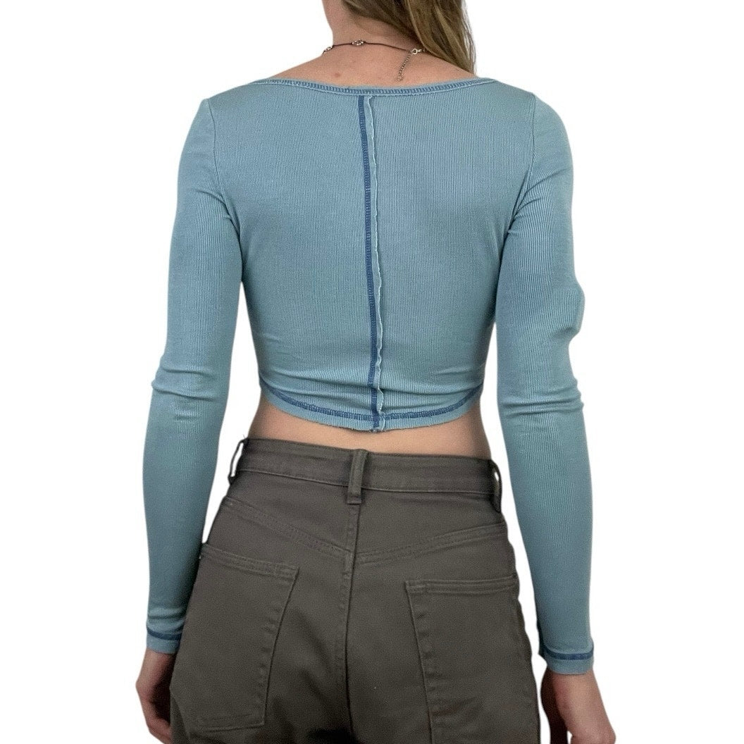Out From Under Blue Contrast Stitch Patchwork Long Sleeve Cropped Top