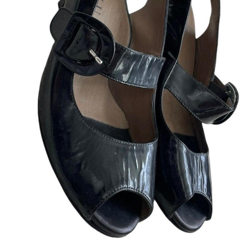 Anyi Lu Black Genuine Leather Buckle Open Toe Heels