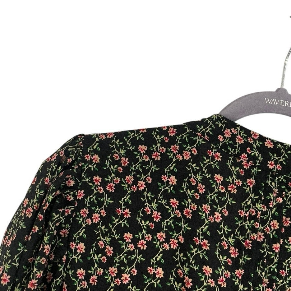 Topshop Black & Pink Floral Print Long Puff Sleeve Button Down Mini Dress