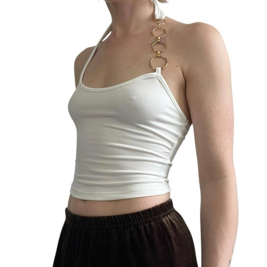 SHEIN White One Shoulder Gold Chain Strap Halter Neck Cropped Top
