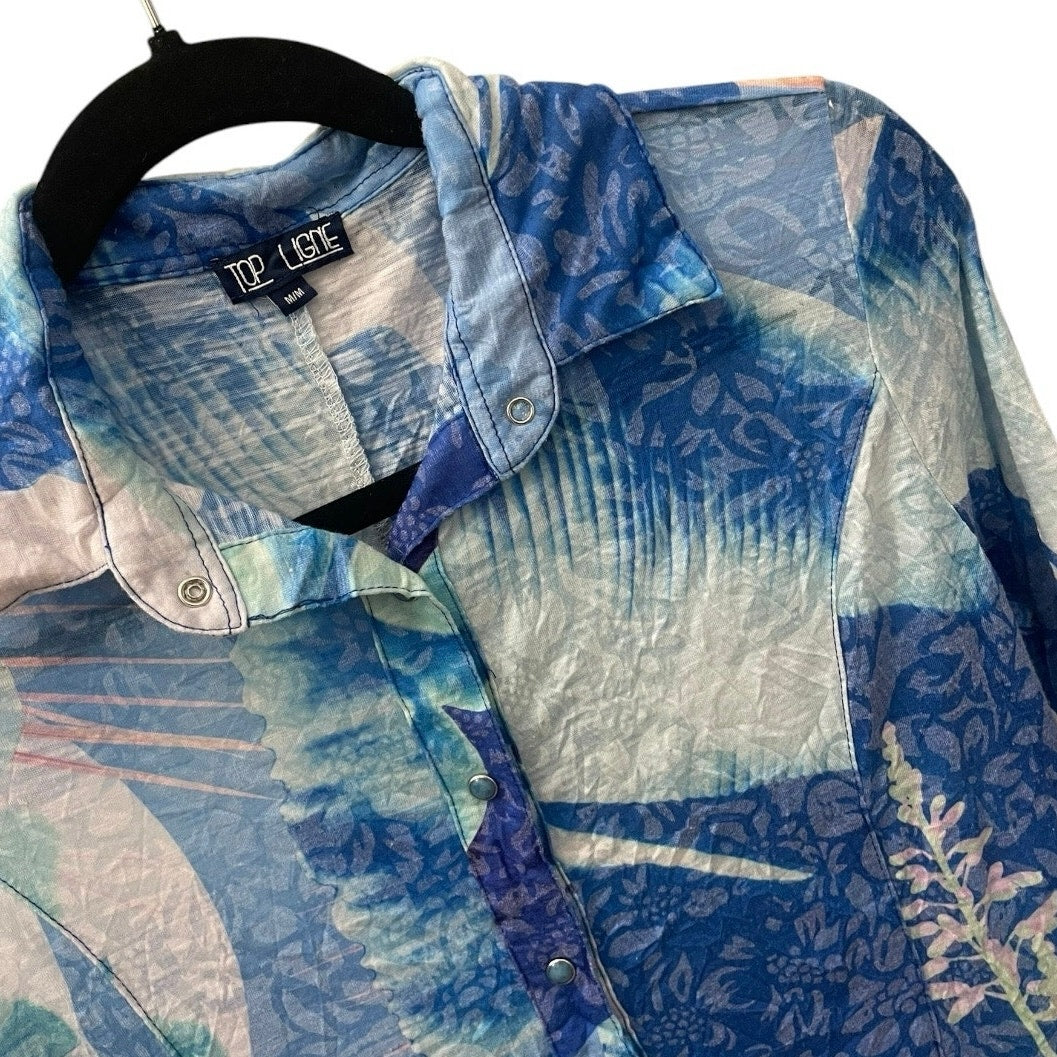 Top Ligne Soft Blue Floral Button Down Quarter Sleeve Blouse