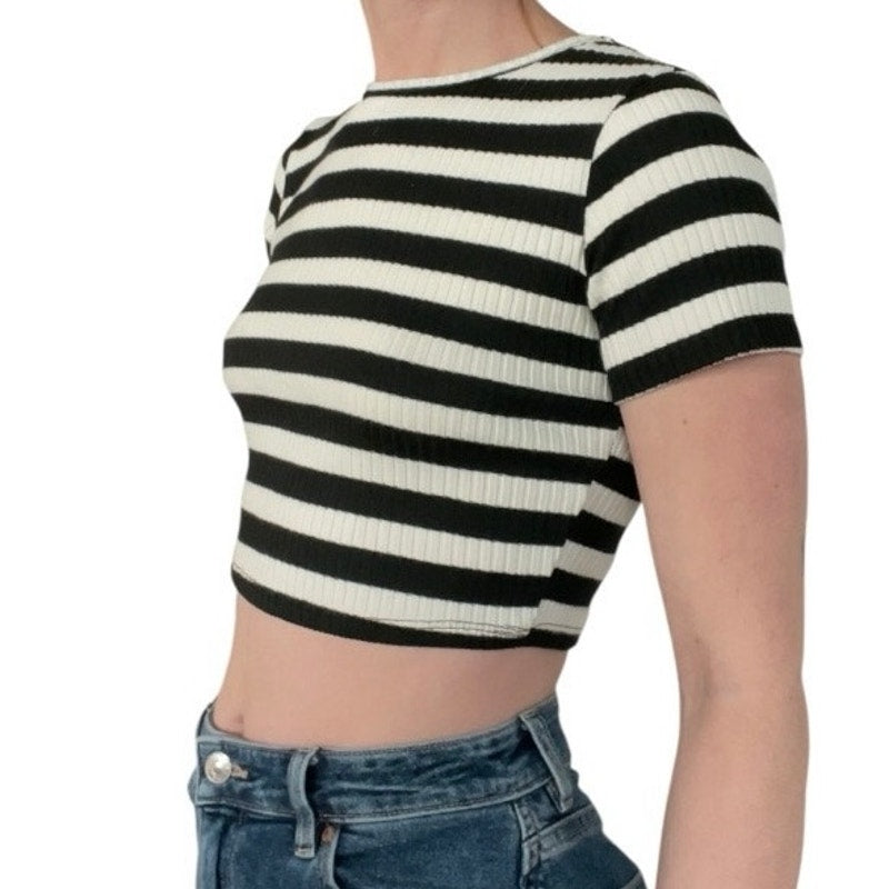 Love Culture Black & White Striped Ribbed Cropped Top