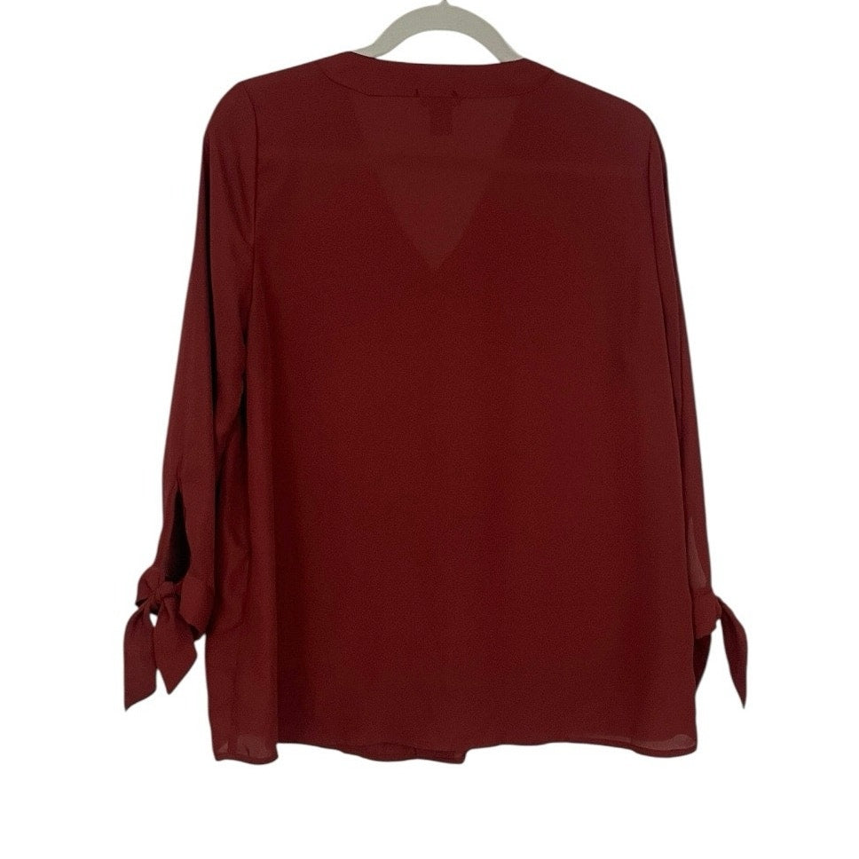 Rue 21 Burgundy Red V-Neck Long Sleeve Sheer Tie Cuff Blouse