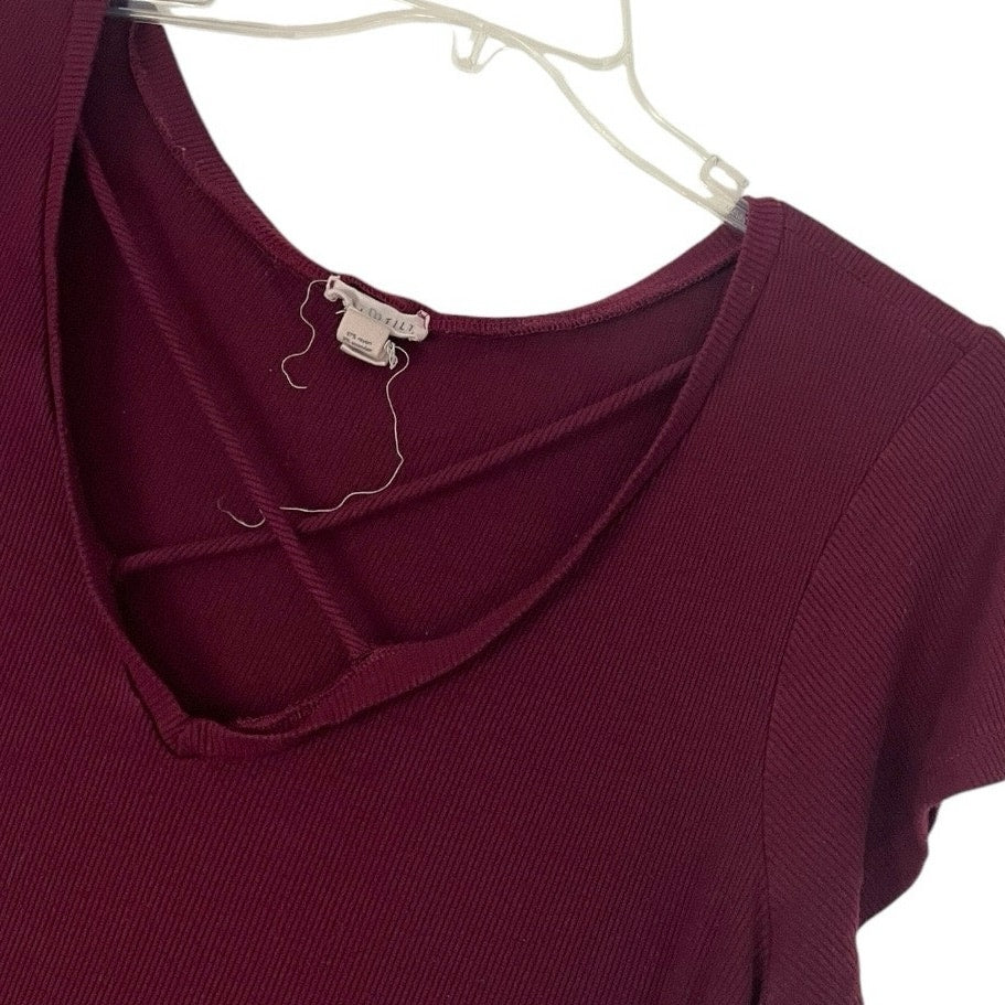 Full Tilt Maroon Cross Cutout Strappy Short Sleeve Ribbed Blouse