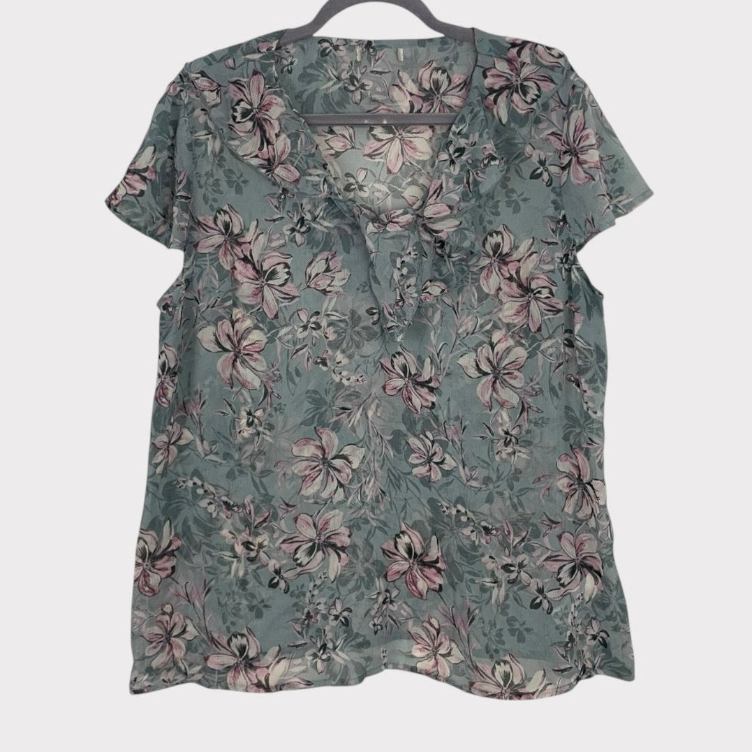 Sheer Grey & Pink Floral Ruffled V-Neck Blouse