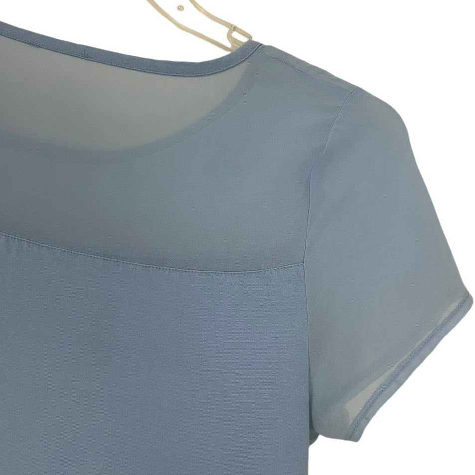 Soft Light Blue Short Sleeve Blouse with Sheer Paneling