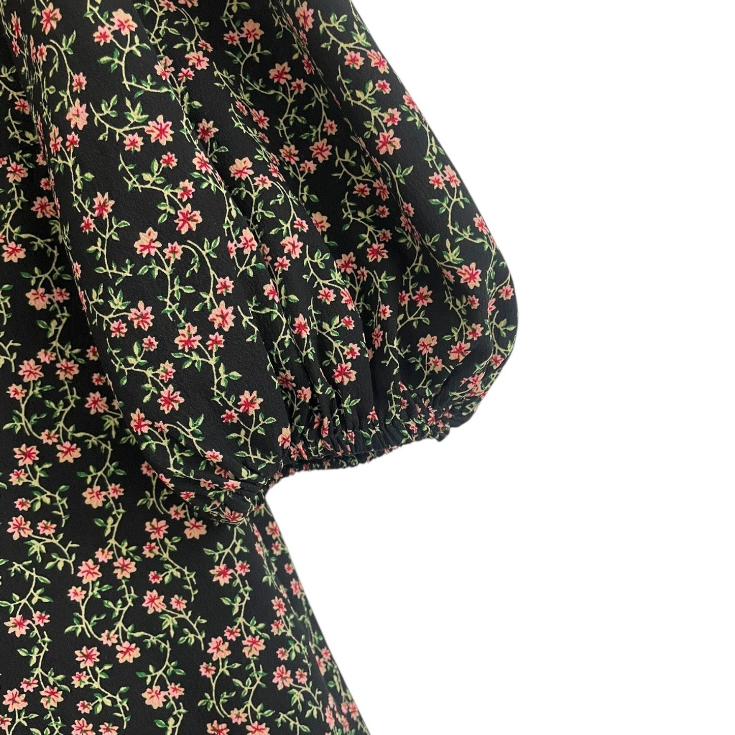 Topshop Black & Pink Floral Print Long Puff Sleeve Button Down Mini Dress