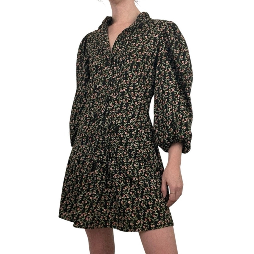 Topshop Black & Pink Floral Print Long Puff Sleeve Button Down Mini Dress