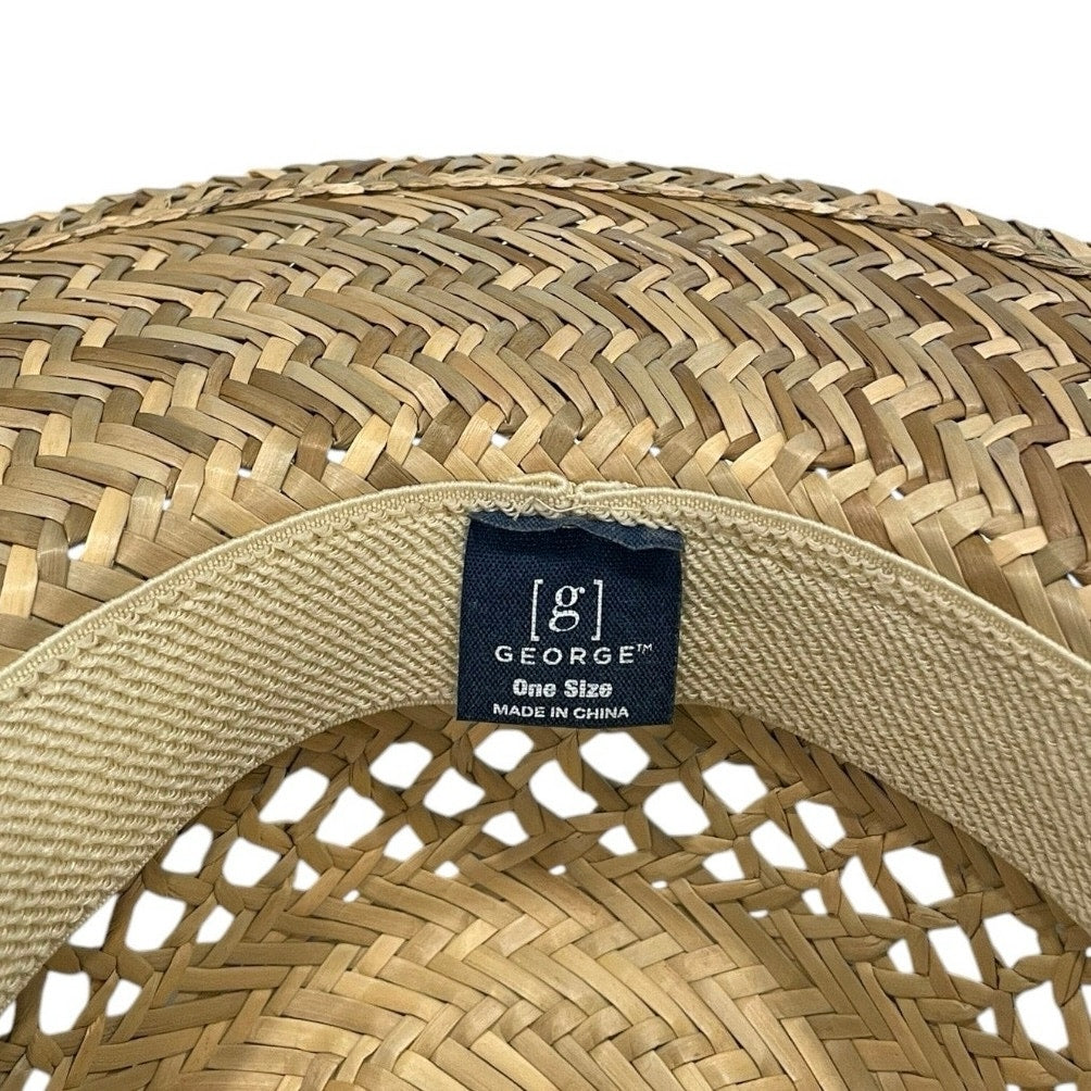 George Woven Tan Straw Tropical Blue Band Flat Brim Sun Hat