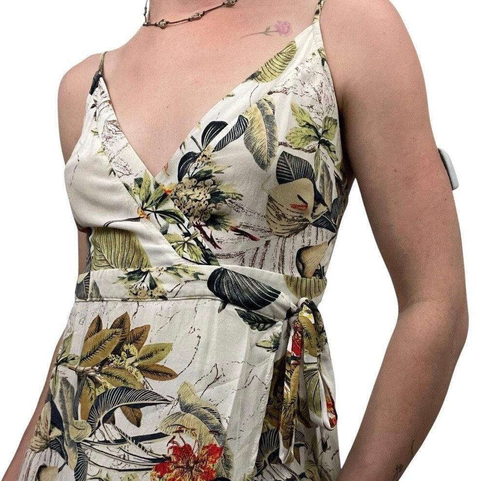 A. Peach Tropical V-Neck A-Line Midi Wrap Dress
