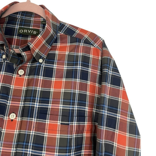 Orvis Mens Blue & Orange Plaid Long Sleeve Button Down Shirt