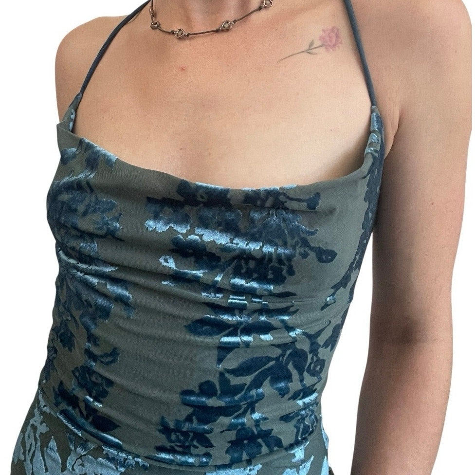 Lucy In The Sky Blue Floral Velvet Lace Up Cross Back Mini Dress