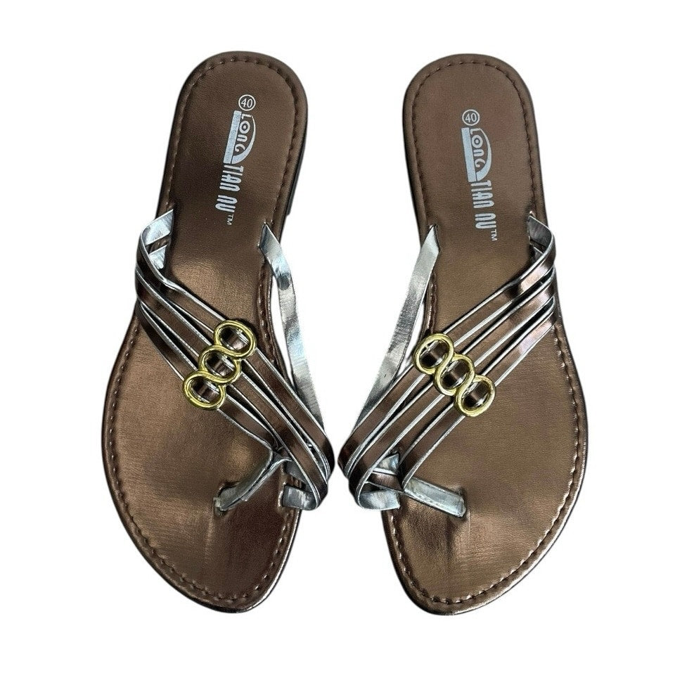 Long Tian Nu Bronze Gold & Silver Strappy Flip Flop Sandals