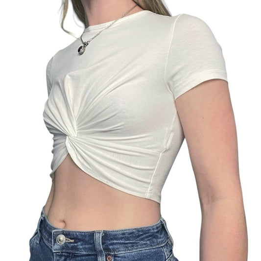 SHEIN White Short Sleeve Knot Front Cropped Top