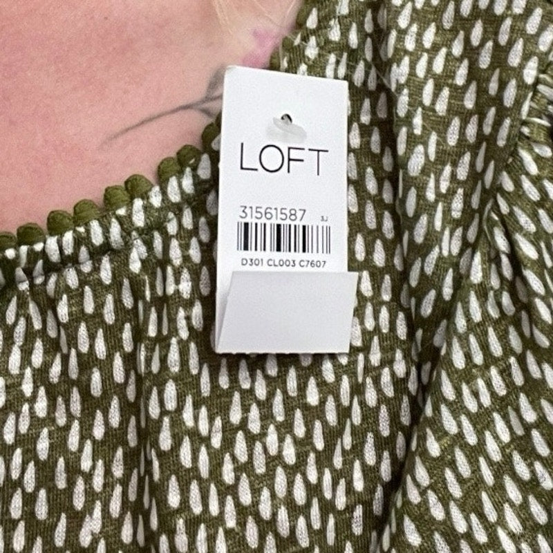 NWT LOFT Linen Green & White Dot Boho Embroidered Trim Blouse