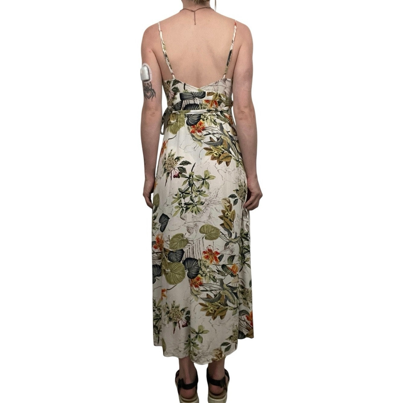 A. Peach Tropical V-Neck A-Line Midi Wrap Dress