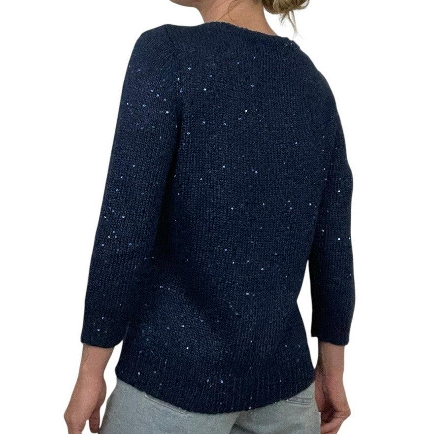 Chaps Classics Navy Blue Sequin Knit Crewneck Cropped Sleeve Sweater