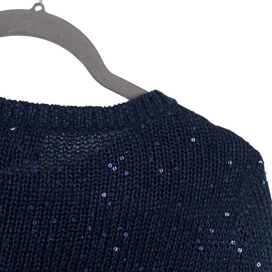 Chaps Classics Navy Blue Sequin Knit Crewneck Cropped Sleeve Sweater
