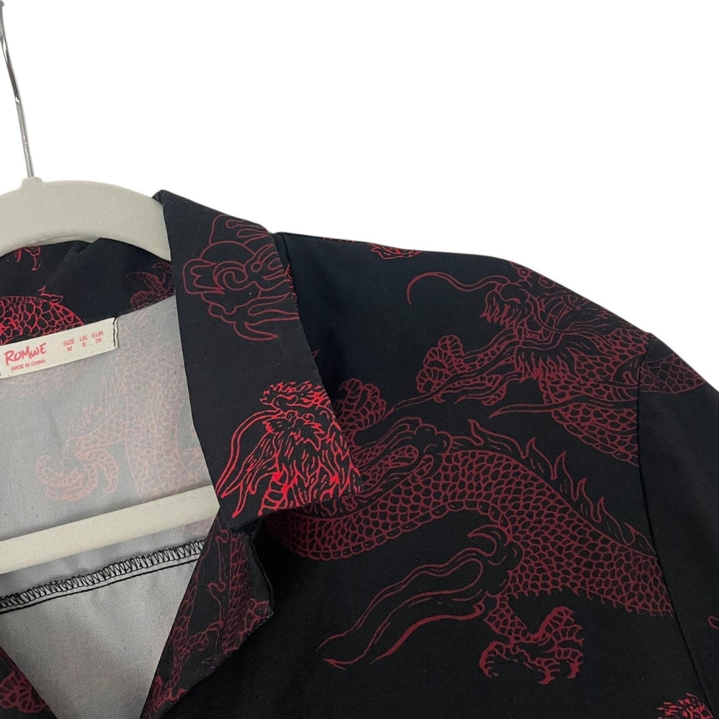 ROMWE Black & Red Dragon Print Short Sleeve Button Down Shirt