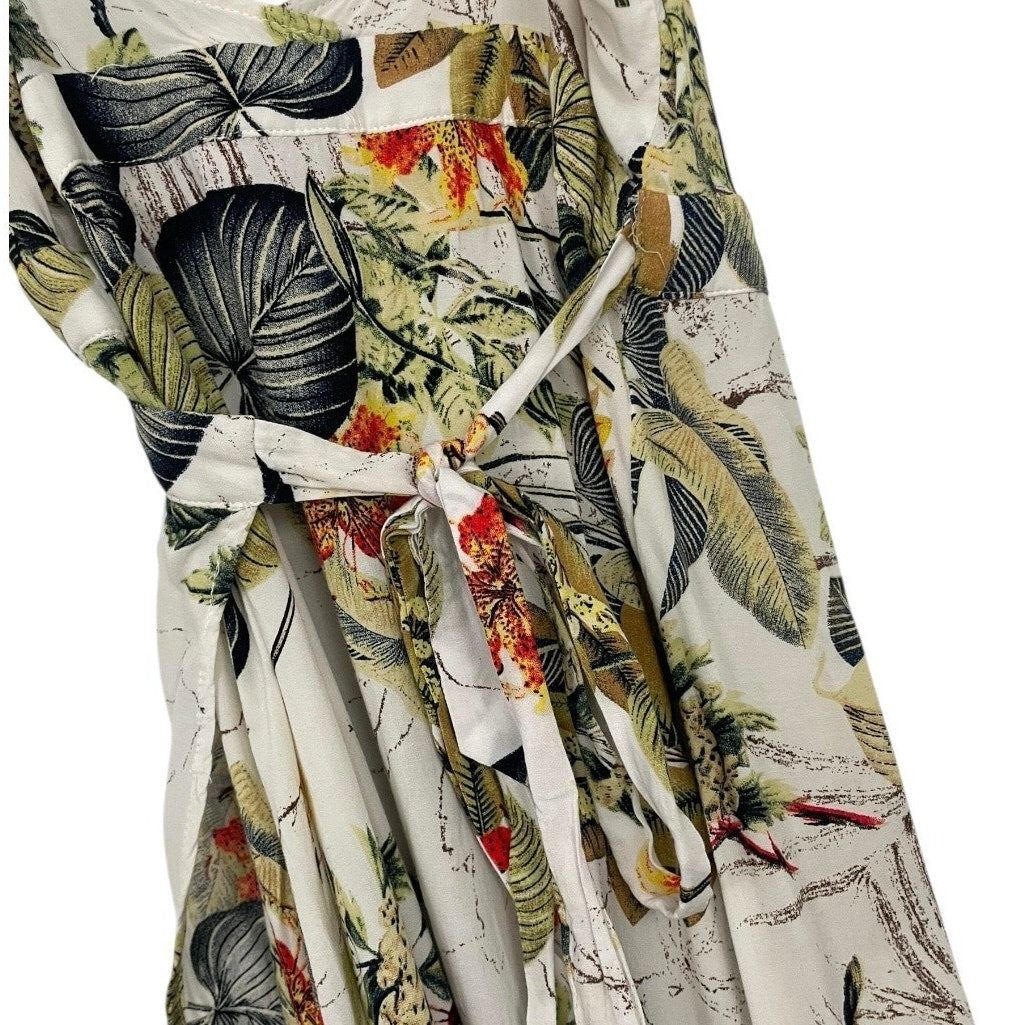 A. Peach Tropical V-Neck A-Line Midi Wrap Dress