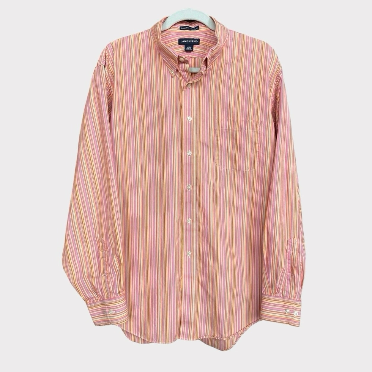 Lands' End Mens Pink Striped Super Fine 2-Ply Yarn Button Down Shirt