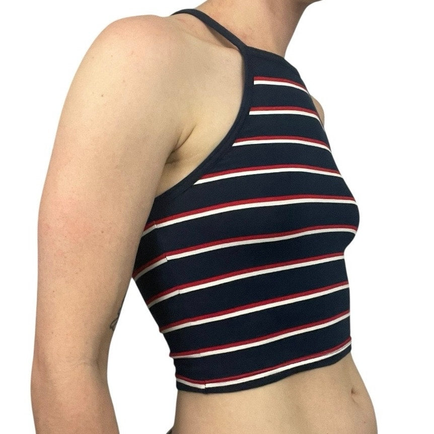 Divided Navy Blue & Red Striped Cropped Tank Top