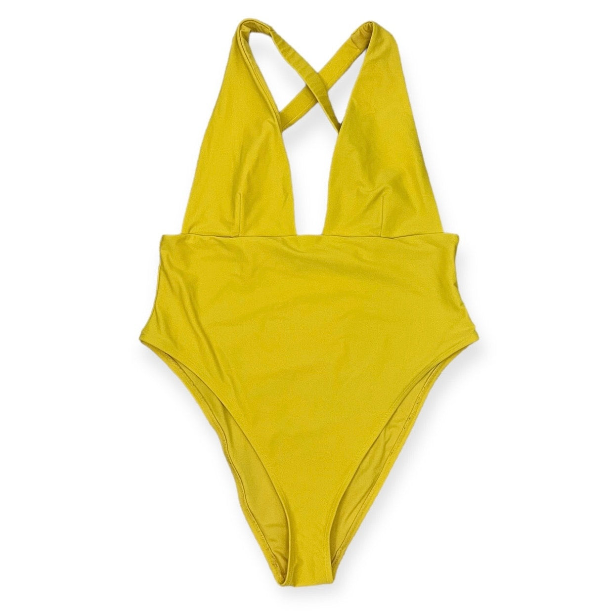 Bright Yellow Plunge Neck Cross Back One Piece Swim Suit