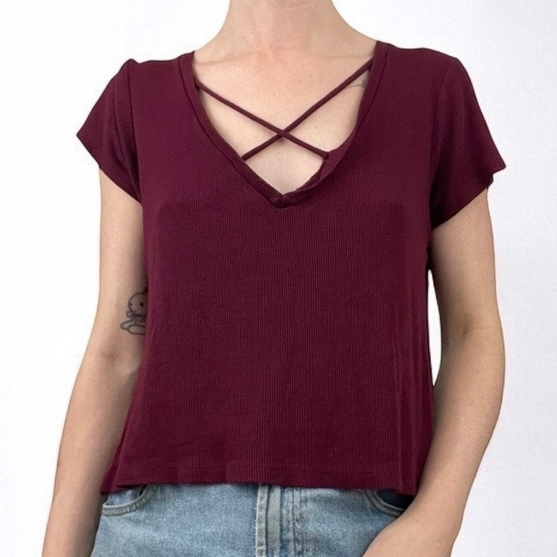 Full Tilt Maroon Cross Cutout Strappy Short Sleeve Ribbed Blouse